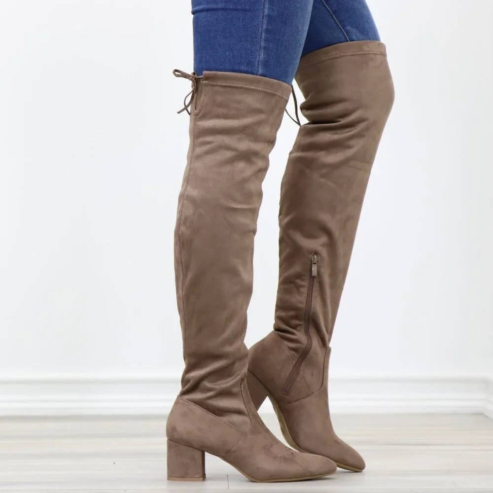 Taupe Over-the-Knee Boots Faux Suede Low Block Heel Tie Back